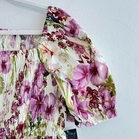 Brand New Gabby Skye Smocked Floral Cotton Poplin Dress Ivory Purple Size 16 - Picture 4 of 15